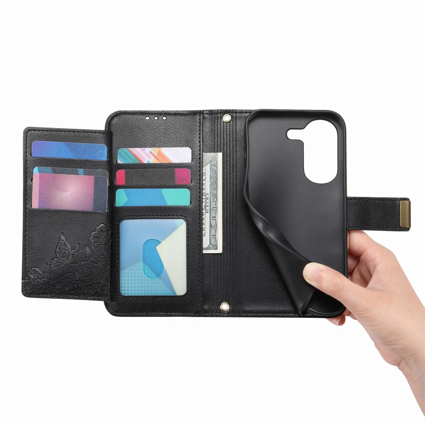 For Honor Play 80 Plus 5G Flowers Leaves Zipper Wallet Leather Phone Case with Strap(Black)