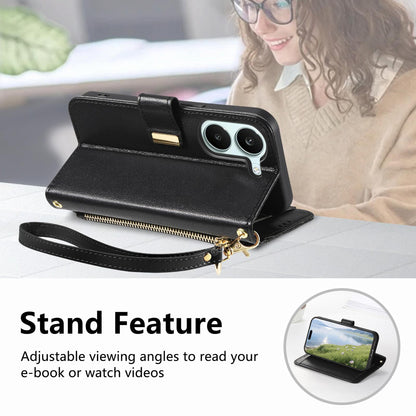 For Honor Play 80 Plus 5G Flowers Leaves Zipper Wallet Leather Phone Case with Strap(Black)