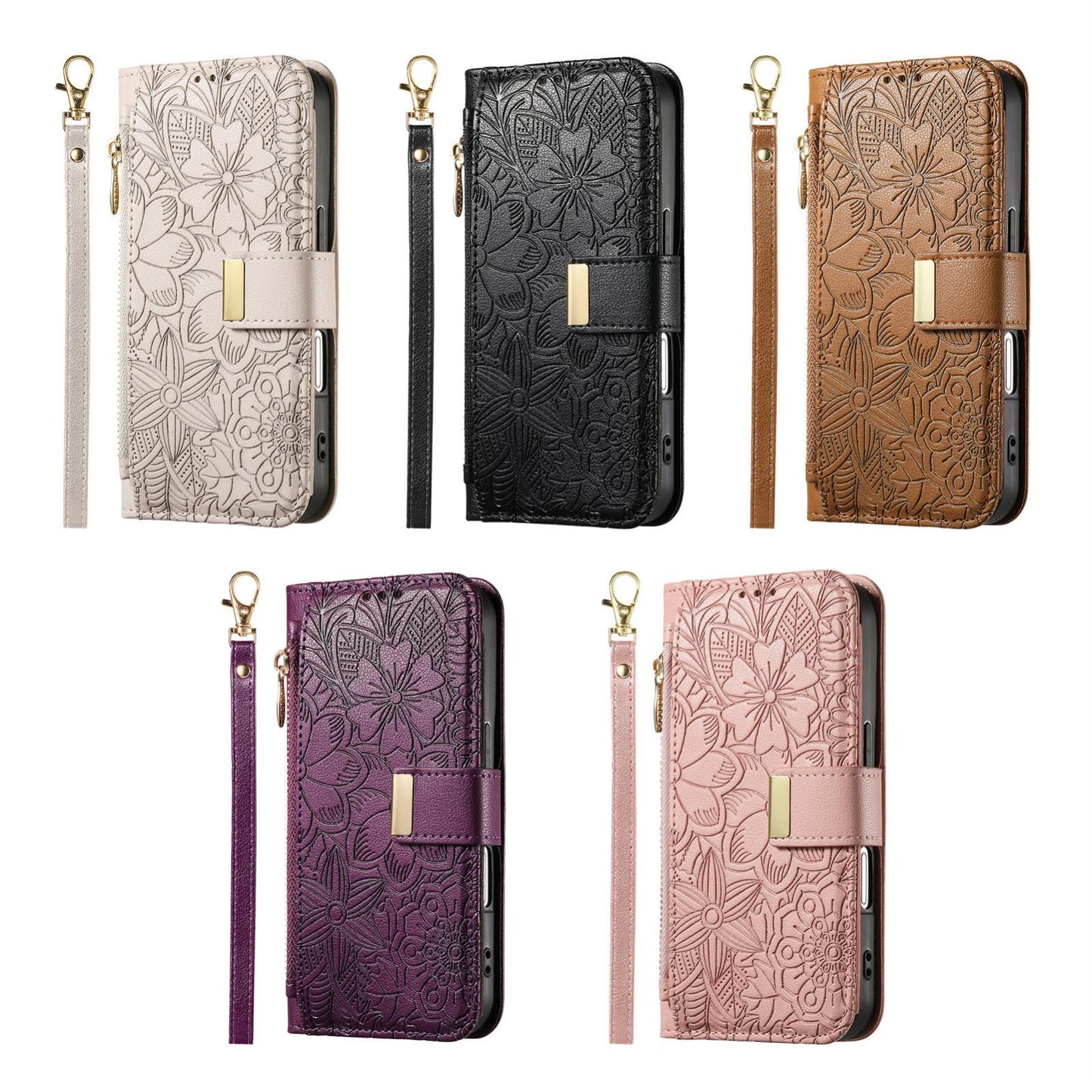 For Honor Play 80 Plus 5G Flowers Leaves Zipper Wallet Leather Phone Case with Strap(Purple)