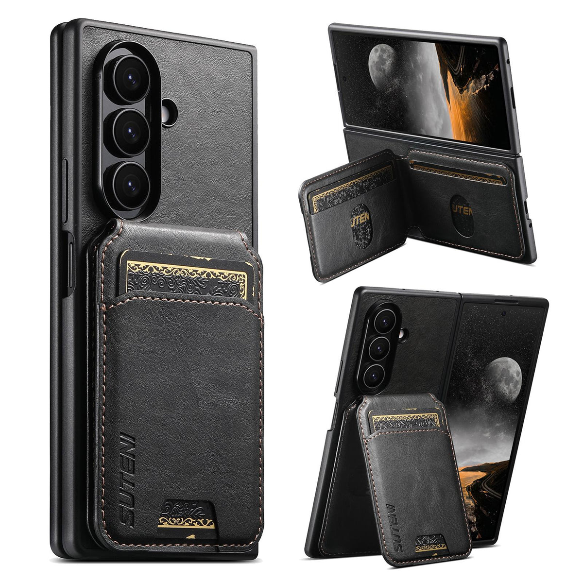 For Galaxy Z Fold8 Ultra Suteni H02 Leather Wallet Stand Back Phone Case - Black - SYA003075204A