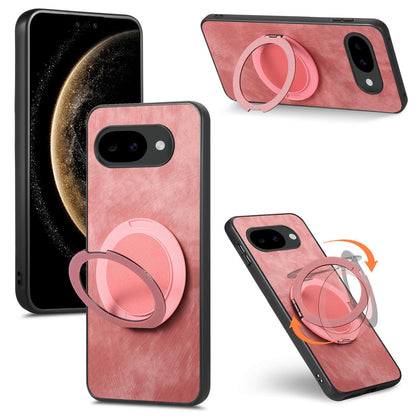 For Google Pixel 10a Retro Leather Rotation Round Holder Phone Case - Pink - SYA003086915A