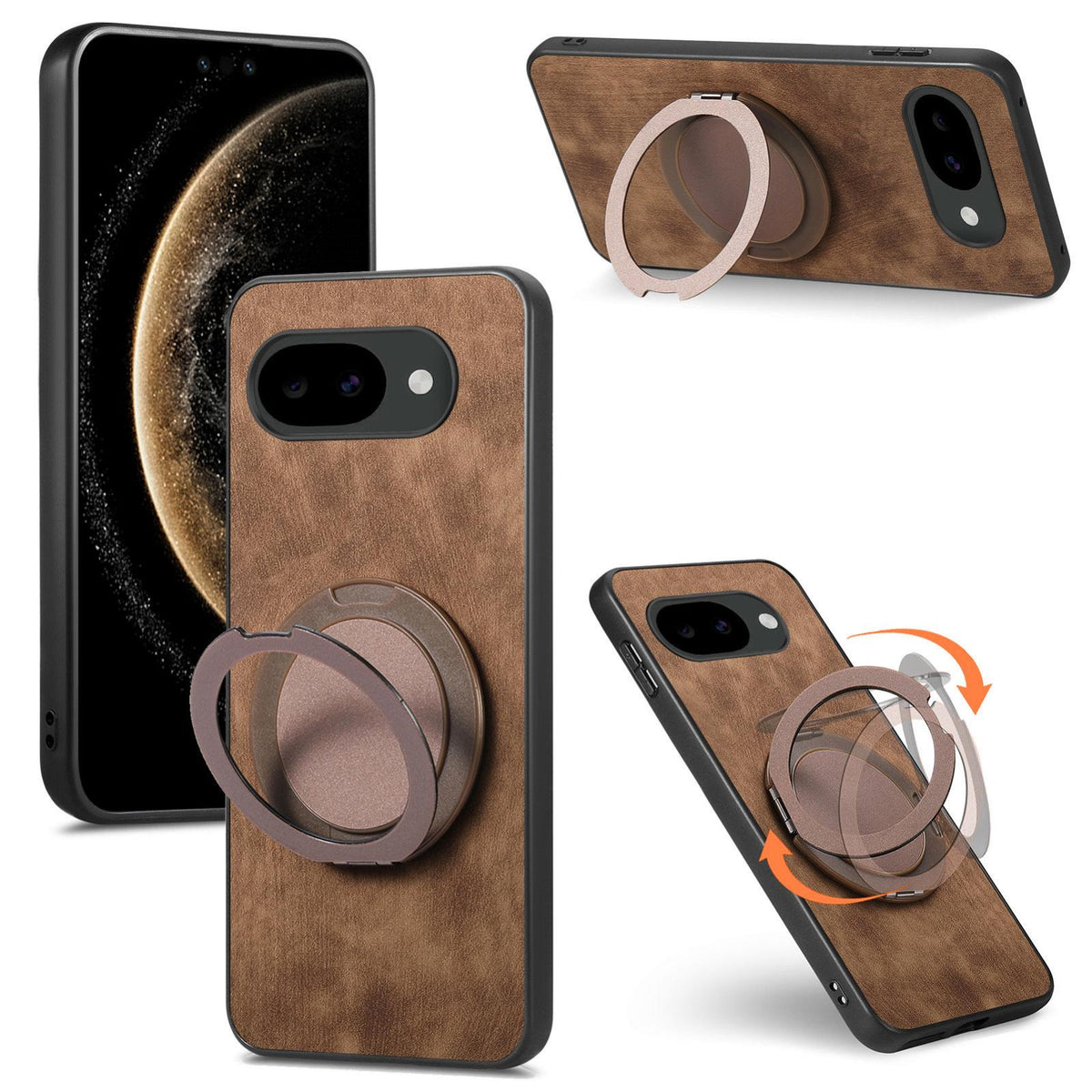 For Google Pixel 10a Retro Leather Rotation Round Holder Phone Case - Brown - SYA003086915B
