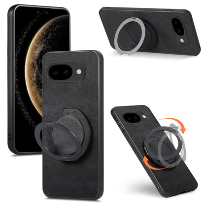 For Google Pixel 10a Retro Leather Rotation Round Holder Phone Case - Black - SYA003086915C
