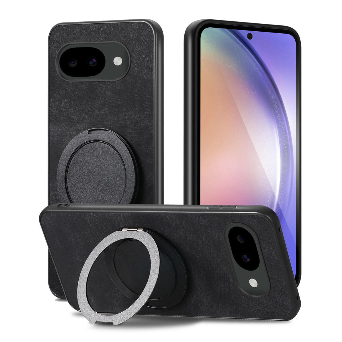 For Google Pixel 10a Retro Leather Rotation Round Holder Phone Case - Black - SYA003086915C
