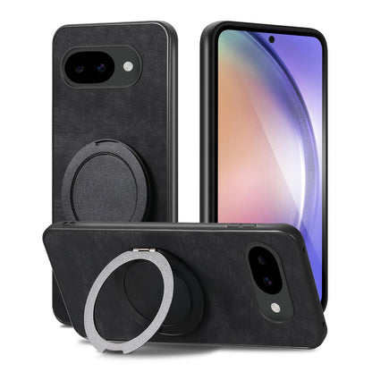 For Google Pixel 10a Retro Leather Rotation Round Holder Phone Case - Black - SYA003086915C