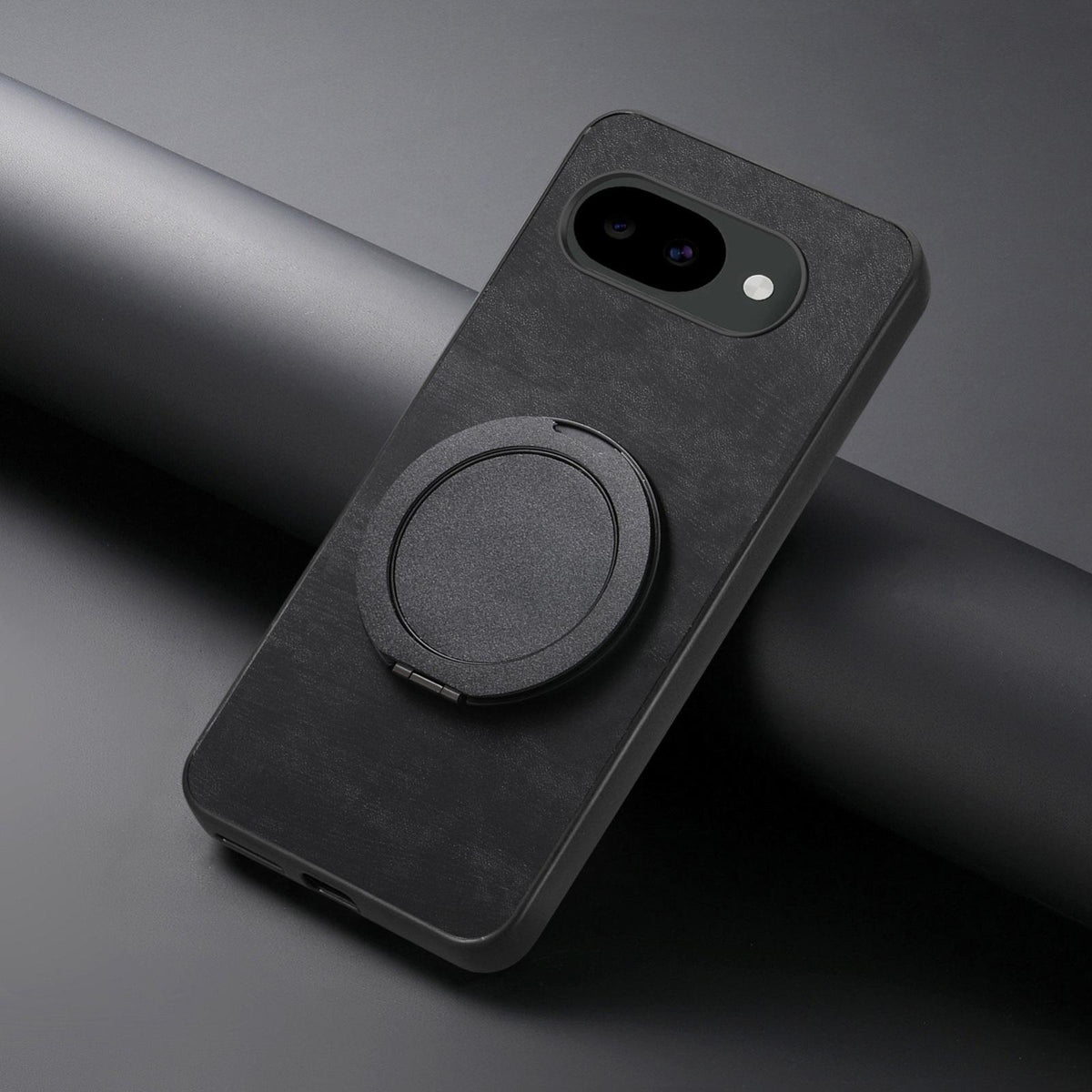 For Google Pixel 10a Retro Leather Rotation Round Holder Phone Case - Black - SYA003086915C