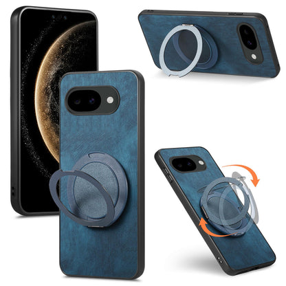 For Google Pixel 10a Retro Leather Rotation Round Holder Phone Case - Blue - SYA003086915D