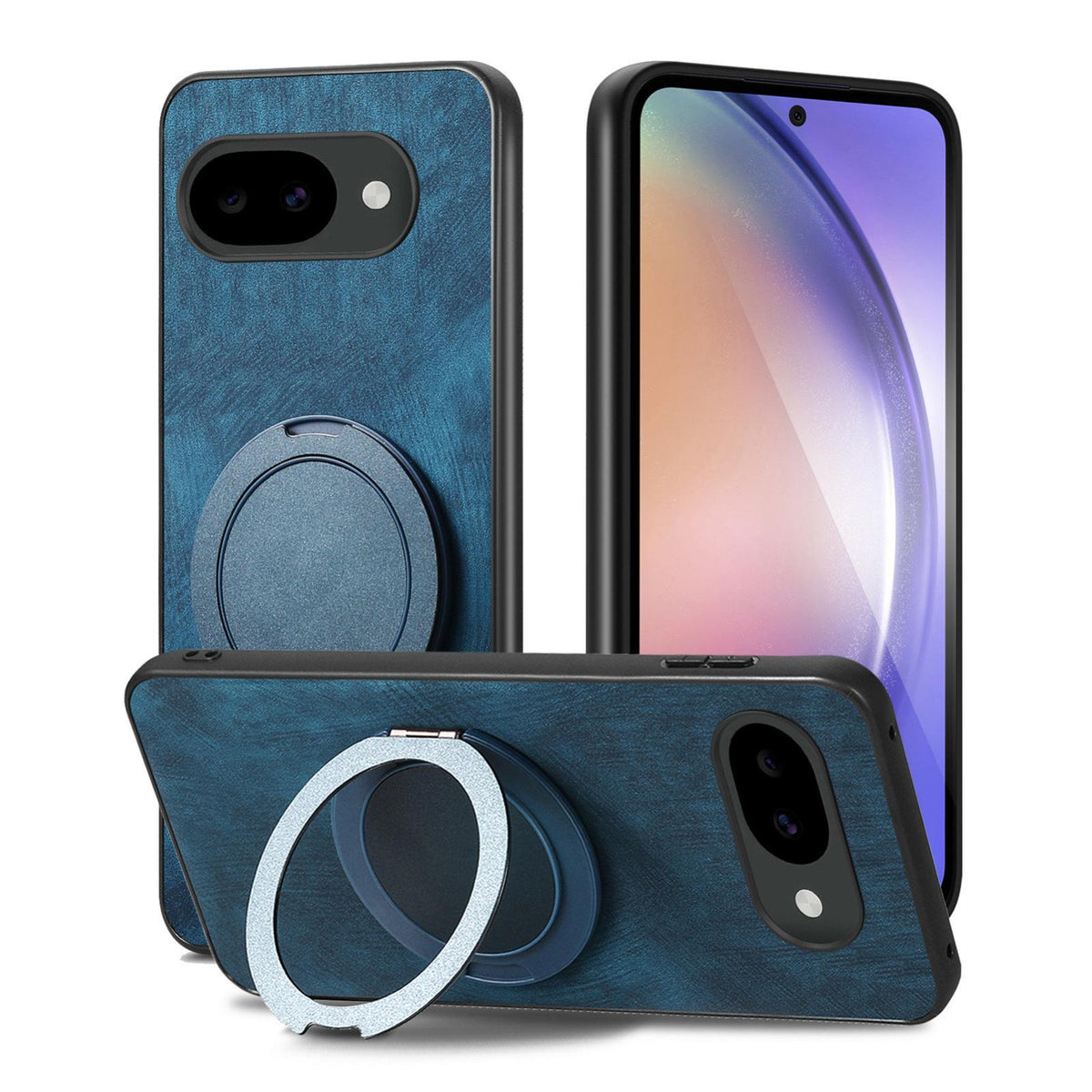 For Google Pixel 10a Retro Leather Rotation Round Holder Phone Case - Blue - SYA003086915D