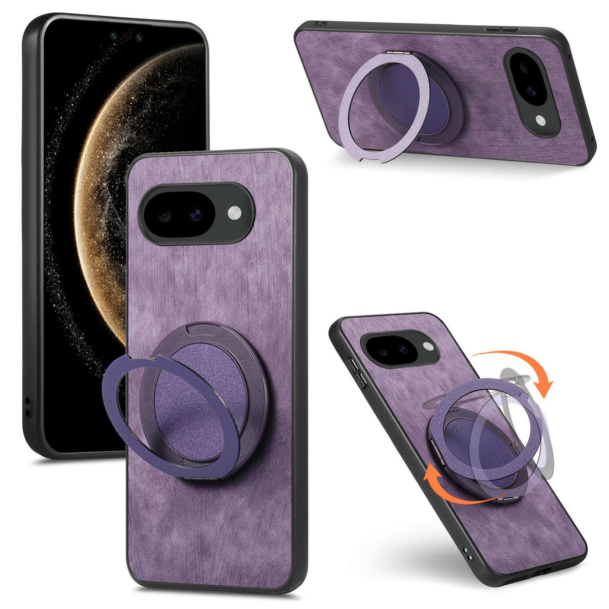 For Google Pixel 10a Retro Leather Rotation Round Holder Phone Case - Purple - SYA003086915E