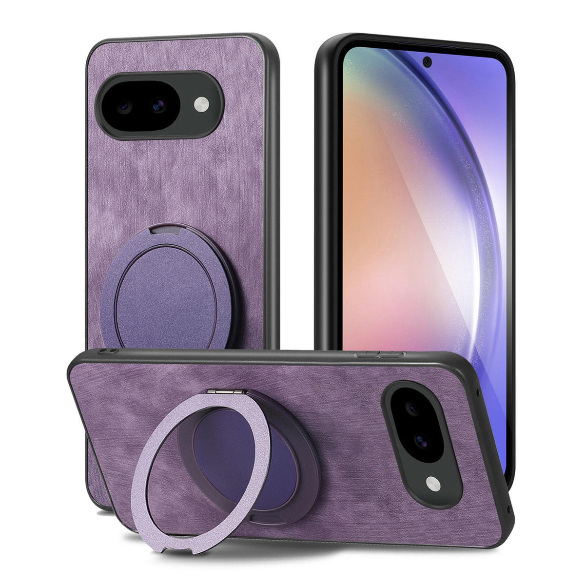 For Google Pixel 10a Retro Leather Rotation Round Holder Phone Case - Purple - SYA003086915E