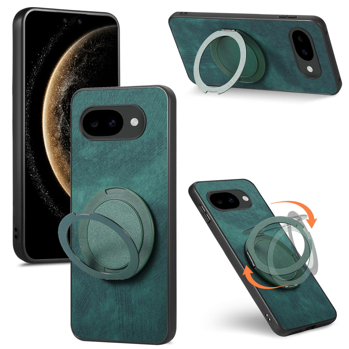 For Google Pixel 10a Retro Leather Rotation Round Holder Phone Case - Green - SYA003086915F