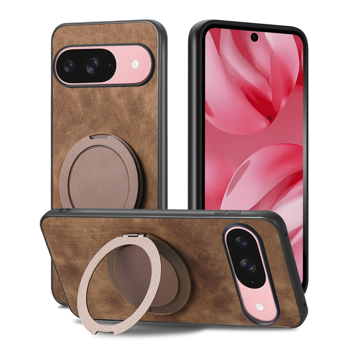 For Google Pixel 11 Retro Leather Rotation Round Holder Phone Case - Brown - SYA003086916B