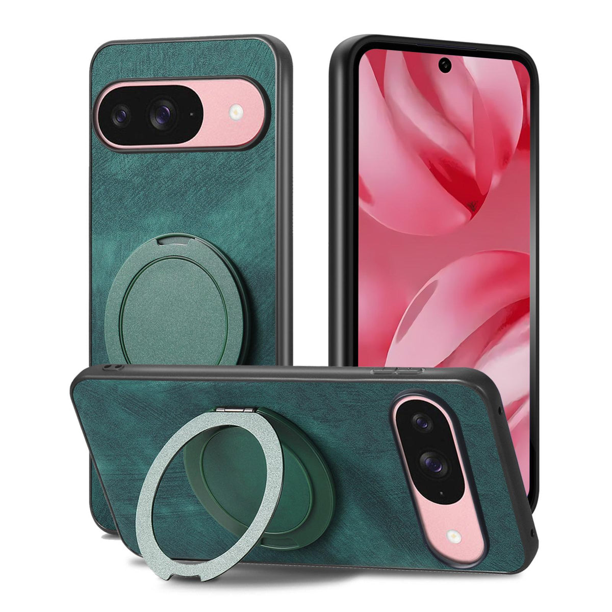 For Google Pixel 11 Retro Leather Rotation Round Holder Phone Case - Green - SYA003086916F