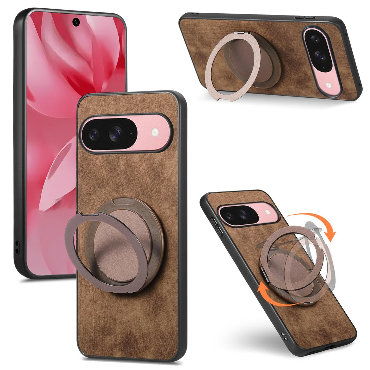 For Google Pixel 11 Pro Retro Leather Rotation Round Holder Phone Case - Brown - SYA003086917B