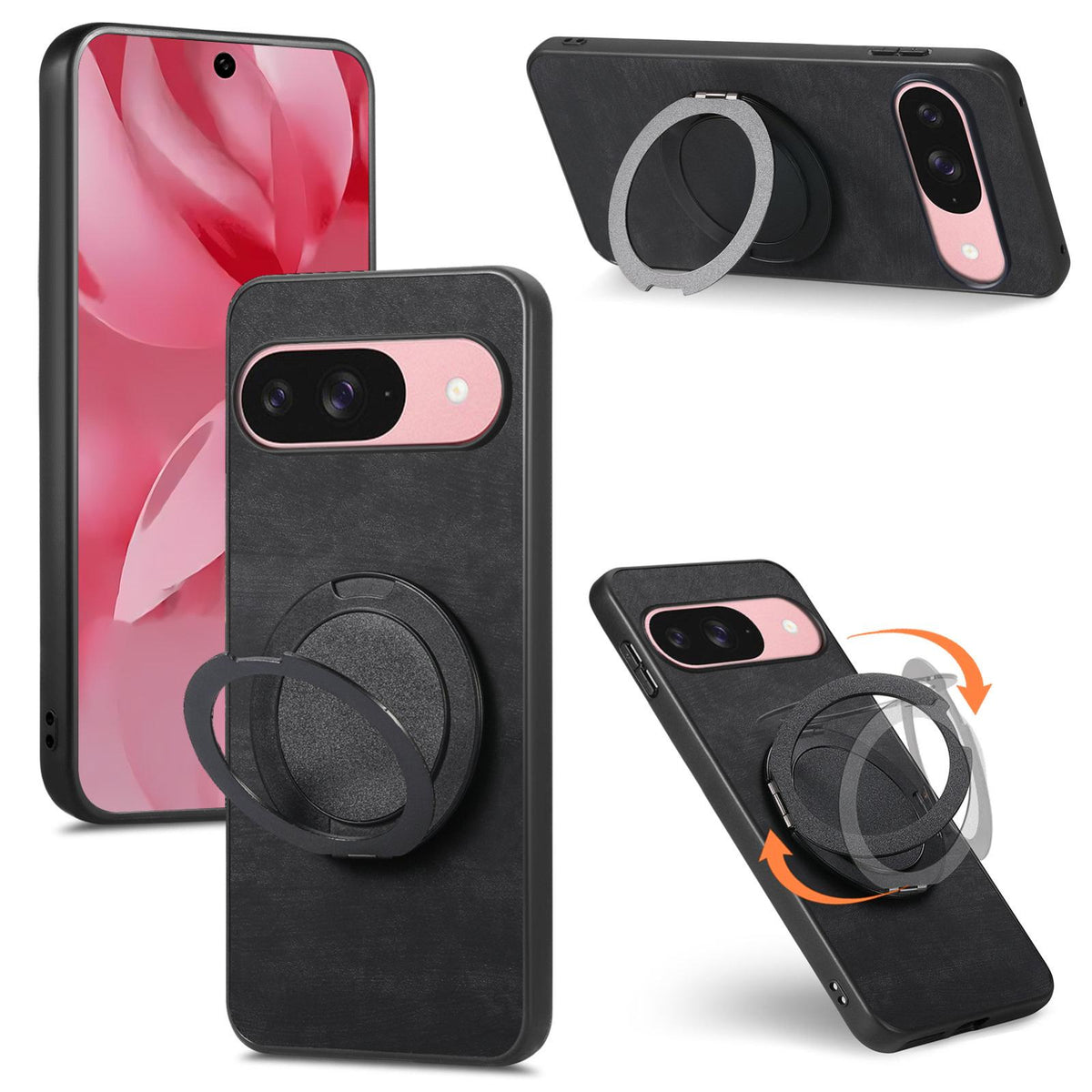 For Google Pixel 11 Pro Retro Leather Rotation Round Holder Phone Case - Black - SYA003086917C