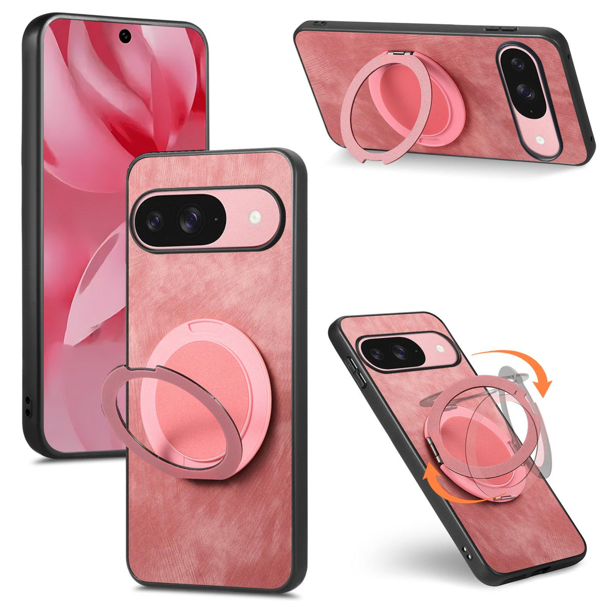 For Google Pixel 11 Pro XL Retro Leather Rotation Round Holder Phone Case - Pink - SYA003086918A