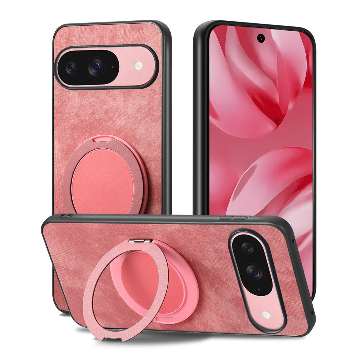 For Google Pixel 11 Pro XL Retro Leather Rotation Round Holder Phone Case - Pink - SYA003086918A