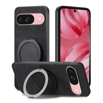 For Google Pixel 11 Pro XL Retro Leather Rotation Round Holder Phone Case - Black - SYA003086918C