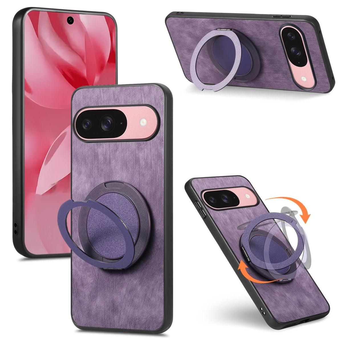 For Google Pixel 11 Pro XL Retro Leather Rotation Round Holder Phone Case - Purple - SYA003086918E