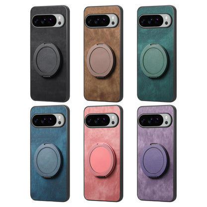 For Google Pixel 11 Pro Retro Leather Rotation Round Holder Phone Case - Black - SYA003086917C