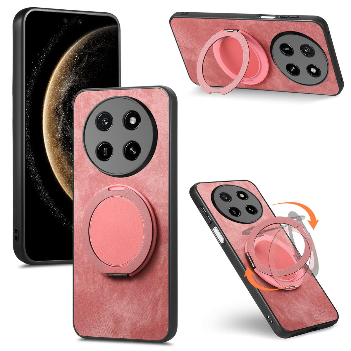 For Honor X80 Pro Max 5G Retro Leather Rotation Round Holder Phone Case - Pink - SYA003088213A