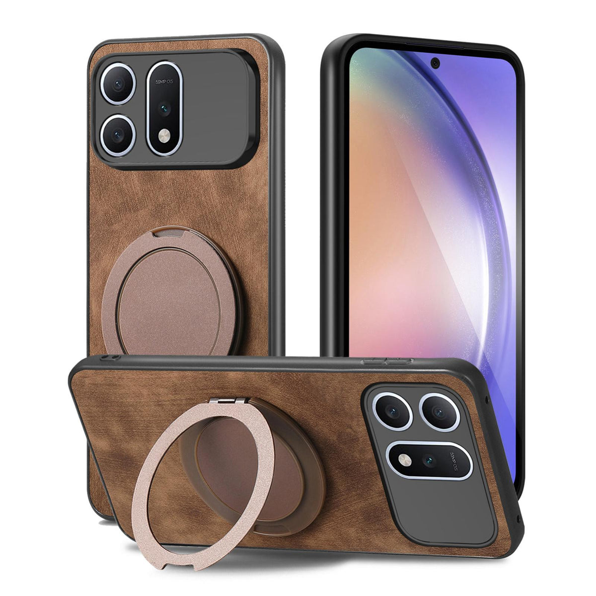 For Honor Win Turbo 5G Retro Leather Rotation Round Holder Phone Case - Brown - SYA003088214B