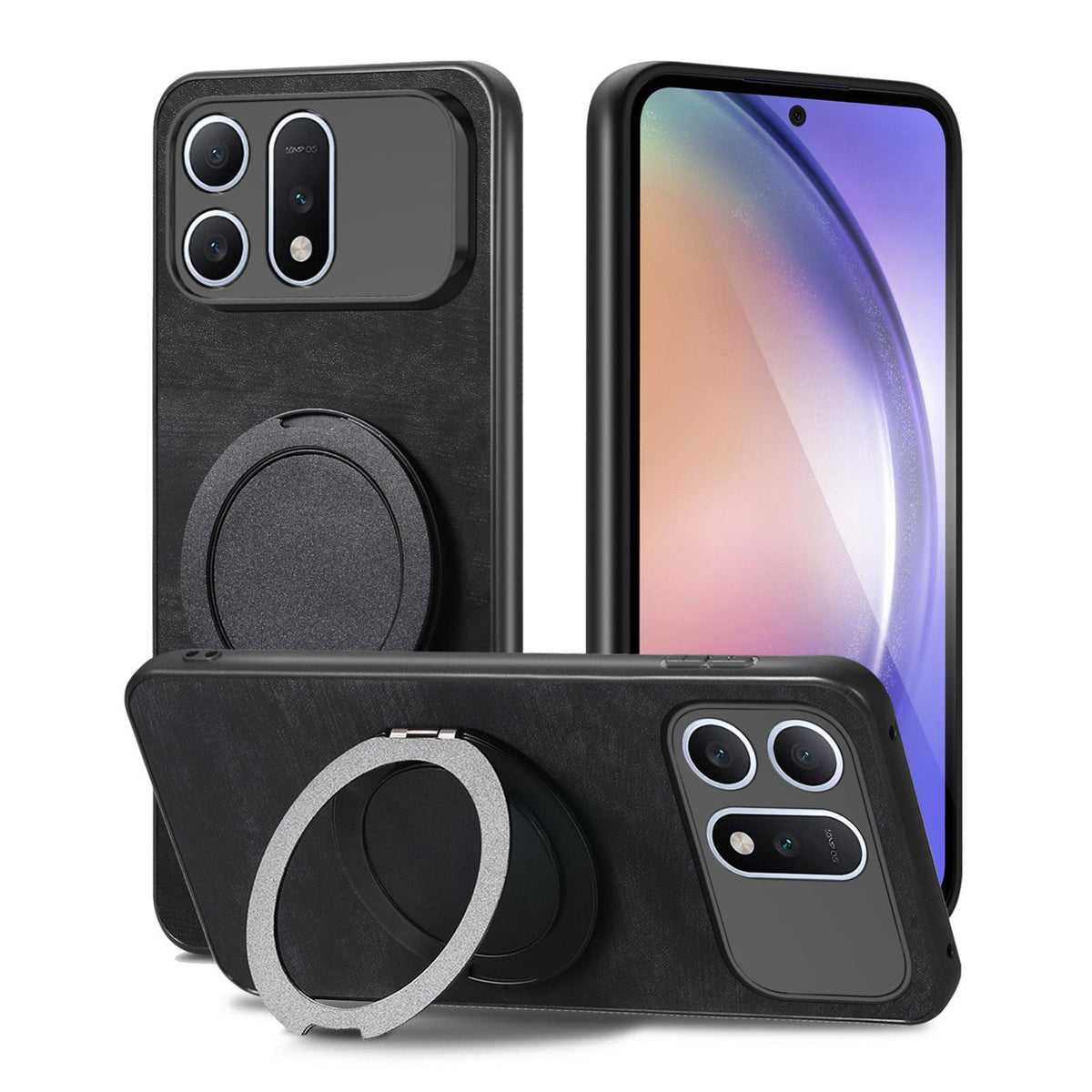 For Honor Win Turbo 5G Retro Leather Rotation Round Holder Phone Case - Black - SYA003088214C