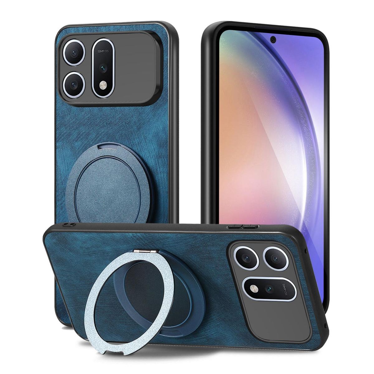 For Honor Win Turbo 5G Retro Leather Rotation Round Holder Phone Case - Blue - SYA003088214D