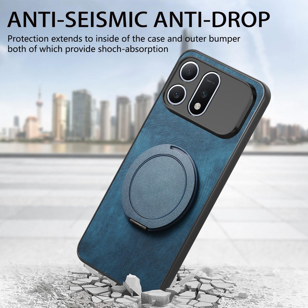 For Honor Win Turbo 5G Retro Leather Rotation Round Holder Phone Case - Blue - SYA003088214D