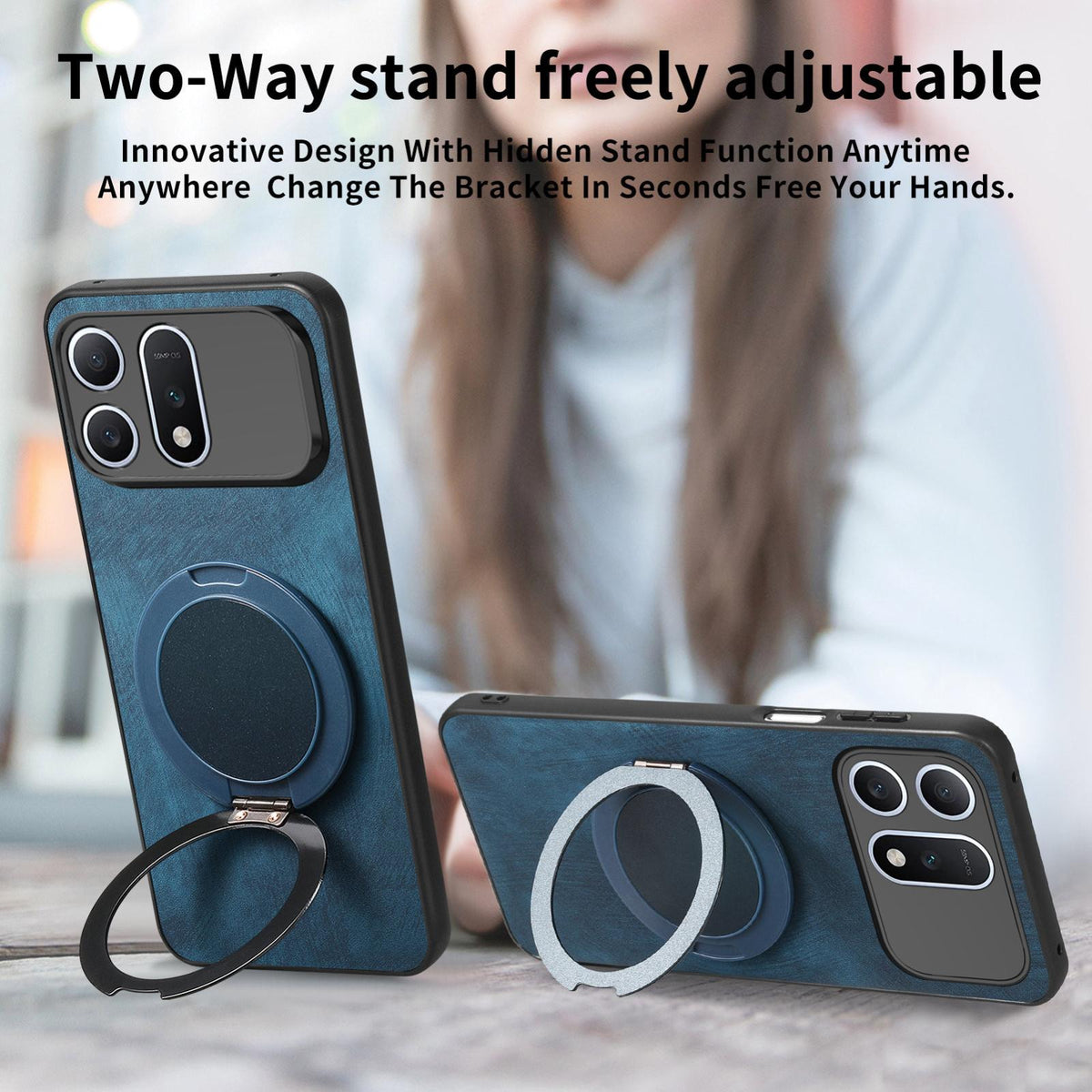 For Honor Win Turbo 5G Retro Leather Rotation Round Holder Phone Case - Blue - SYA003088214D