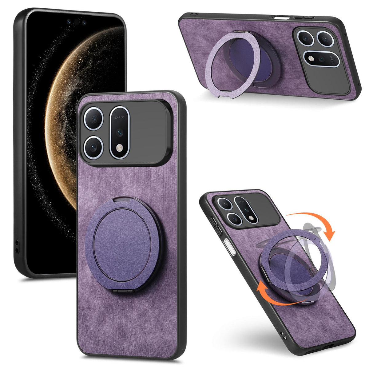 For Honor Win Turbo 5G Retro Leather Rotation Round Holder Phone Case - Purple - SYA003088214E