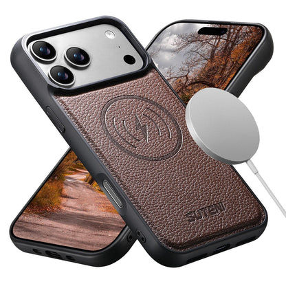 For iPhone 18 Pro Max Suteni G5 Large Litchi Texture Vegan Leather Magnetic Back Phone Case - Brown - SYA003116019B