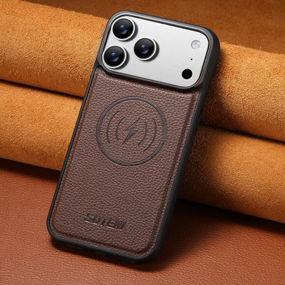 For iPhone 18 Pro Max Suteni G5 Large Litchi Texture Vegan Leather Magnetic Back Phone Case - Brown - SYA003116019B