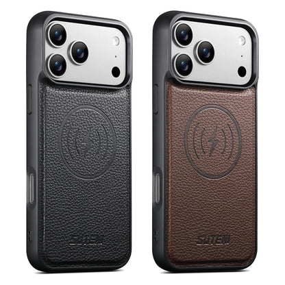 For iPhone 18 Pro Max Suteni G5 Large Litchi Texture Vegan Leather Magnetic Back Phone Case - Brown - SYA003116019B