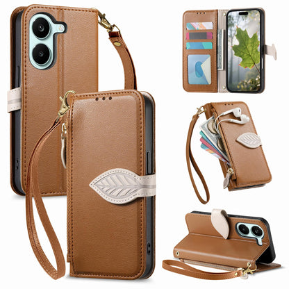 For Honor Play 80 Plus 5G Leaf Buckle Zipper Wallet Leather Phone Case with Strap(Brown)