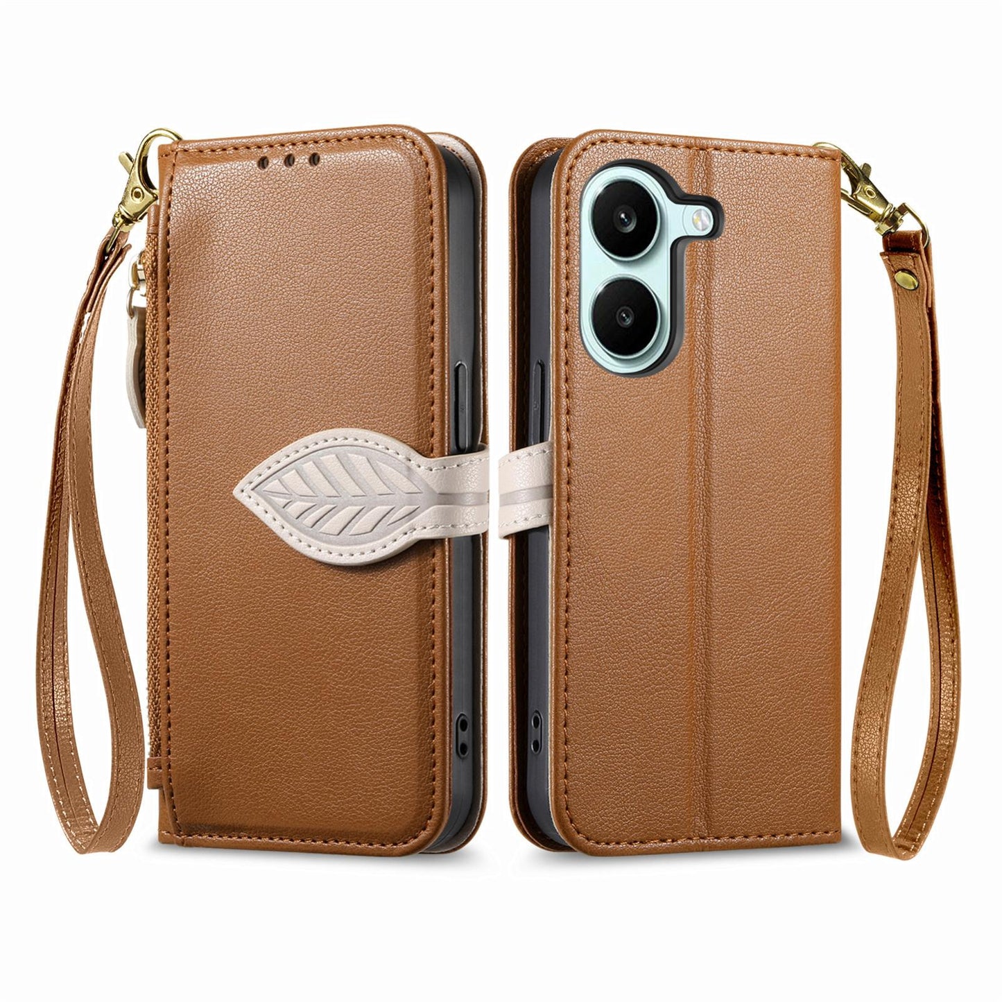 For Honor Play 80 Plus 5G Leaf Buckle Zipper Wallet Leather Phone Case with Strap(Brown)