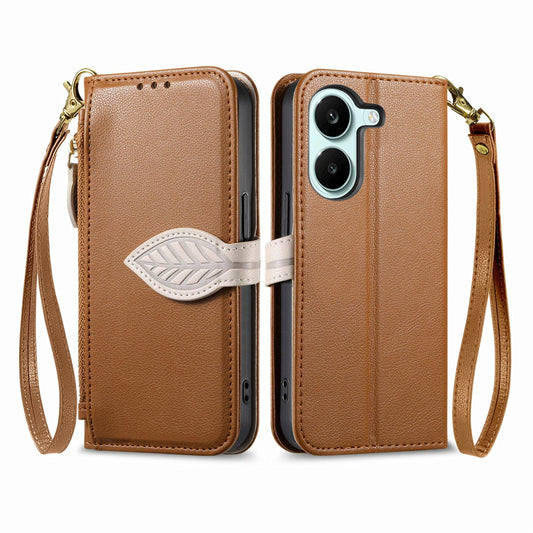 For Honor Play 80 Plus 5G Leaf Buckle Zipper Wallet Leather Phone Case with Strap(Brown)