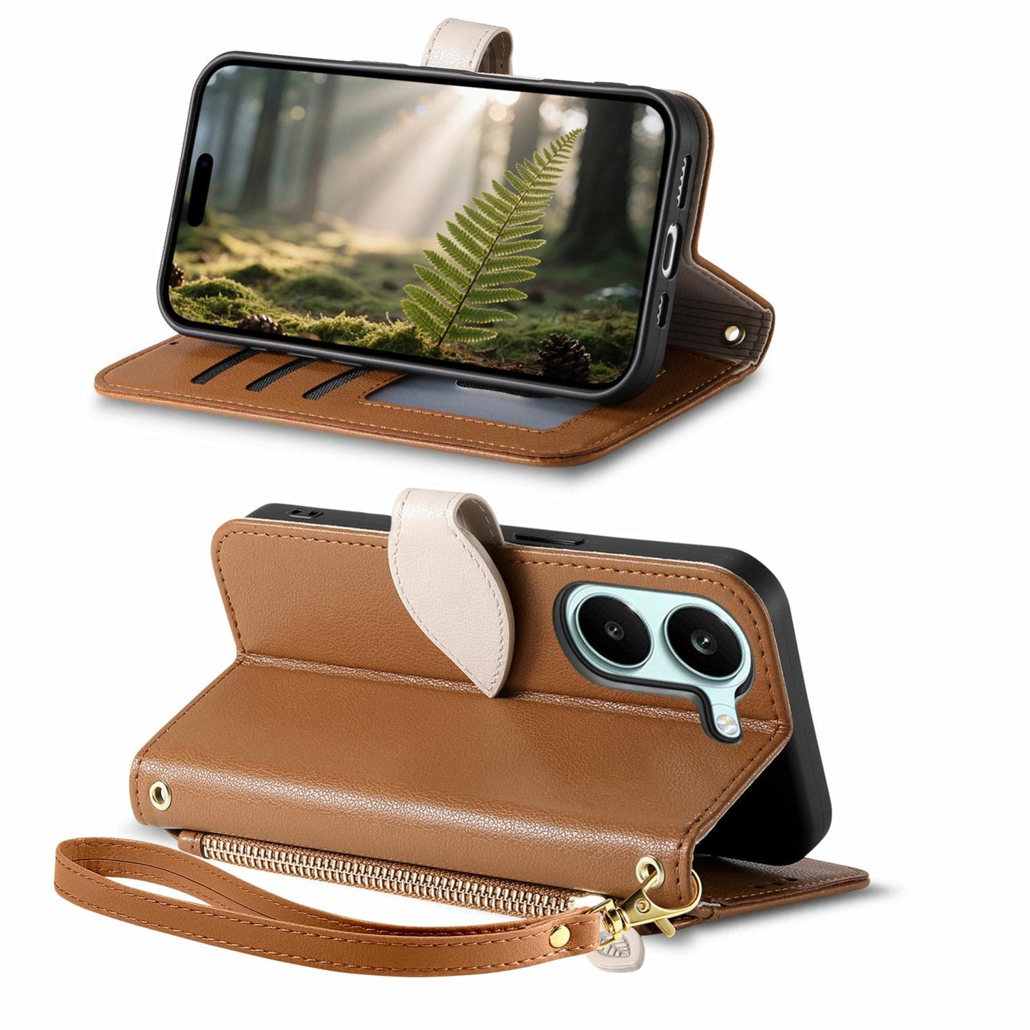 For Honor Play 80 Plus 5G Leaf Buckle Zipper Wallet Leather Phone Case with Strap(Brown)