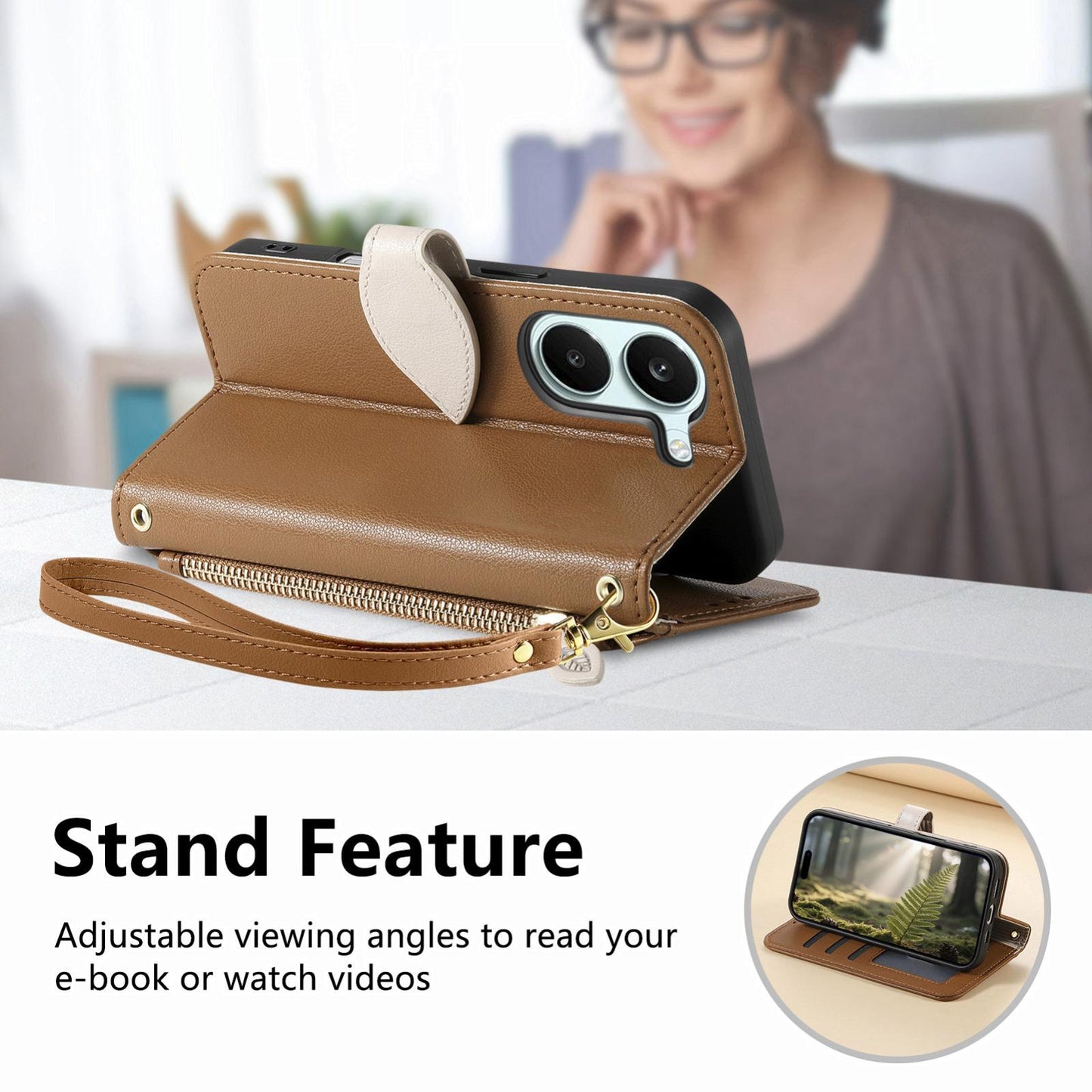 For Honor Play 80 Plus 5G Leaf Buckle Zipper Wallet Leather Phone Case with Strap(Brown)