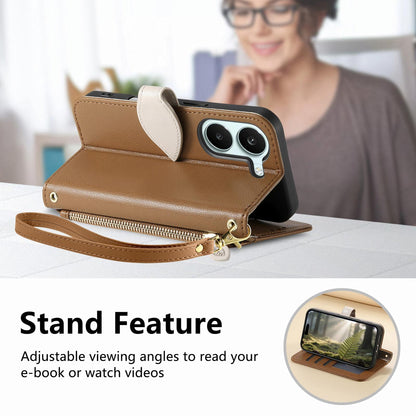For Honor Play 80 Plus 5G Leaf Buckle Zipper Wallet Leather Phone Case with Strap(Brown)
