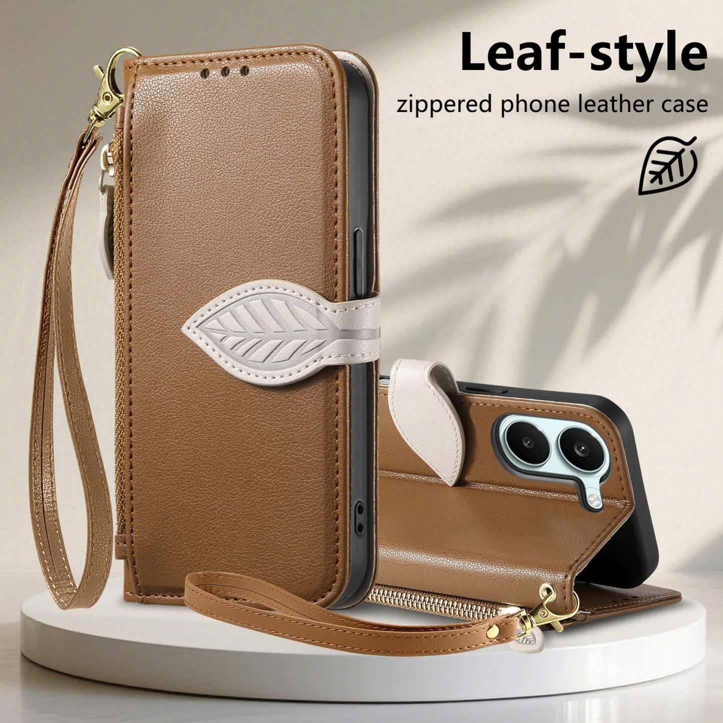 For Honor Play 80 Plus 5G Leaf Buckle Zipper Wallet Leather Phone Case with Strap(Brown)