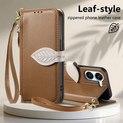 For Honor Play 80 Plus 5G Leaf Buckle Zipper Wallet Leather Phone Case with Strap(Brown)