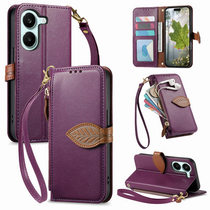 For Honor Play 80 Plus 5G Leaf Buckle Zipper Wallet Leather Phone Case with Strap(Purple)