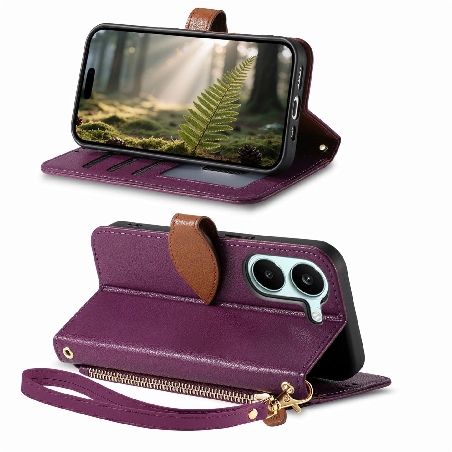 For Honor Play 80 Plus 5G Leaf Buckle Zipper Wallet Leather Phone Case with Strap(Purple)