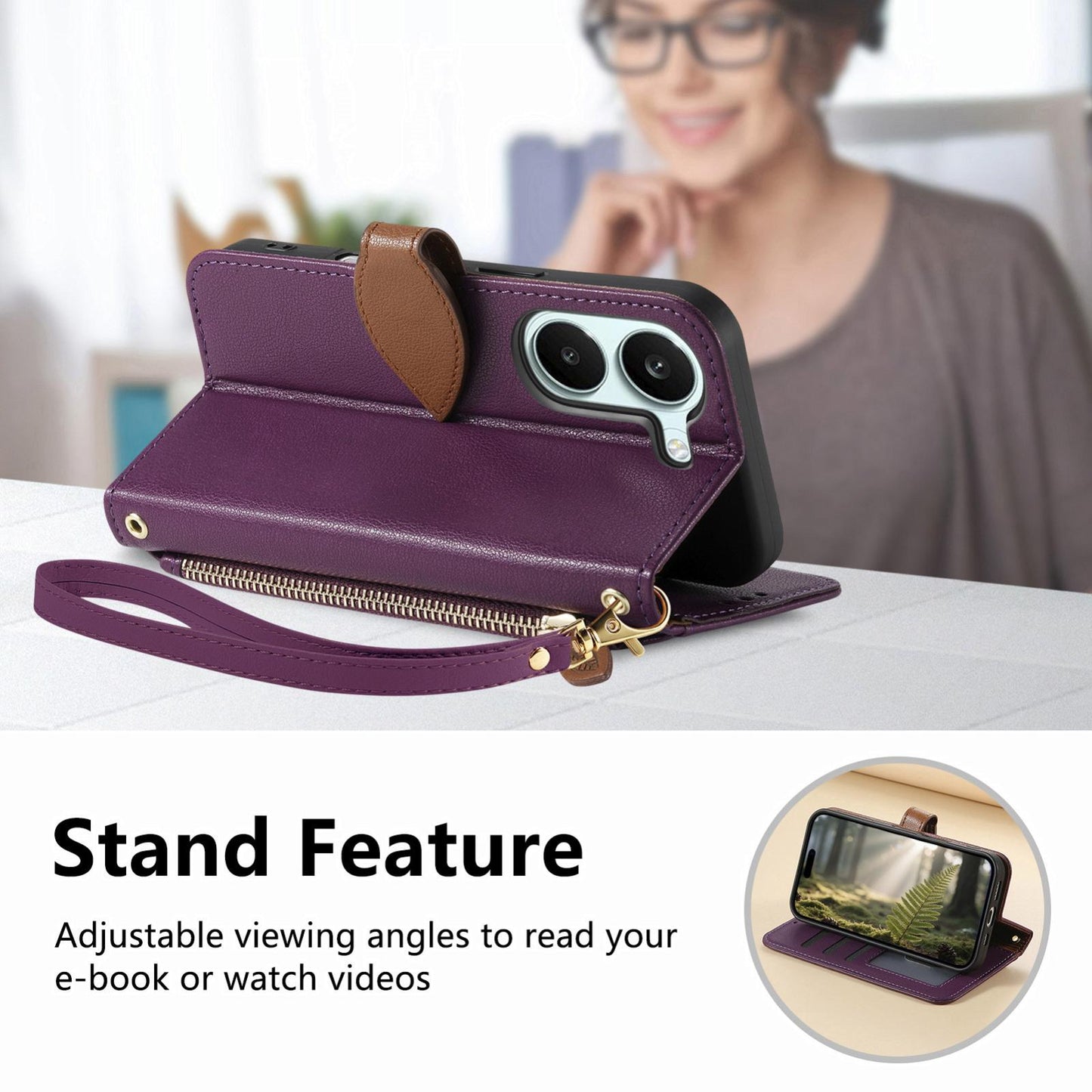 For Honor Play 80 Plus 5G Leaf Buckle Zipper Wallet Leather Phone Case with Strap(Purple)