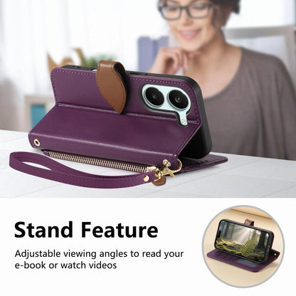 For Honor Play 80 Plus 5G Leaf Buckle Zipper Wallet Leather Phone Case with Strap(Purple)