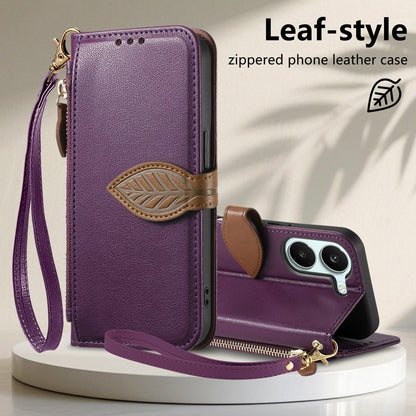 For Honor Play 80 Plus 5G Leaf Buckle Zipper Wallet Leather Phone Case with Strap(Purple)