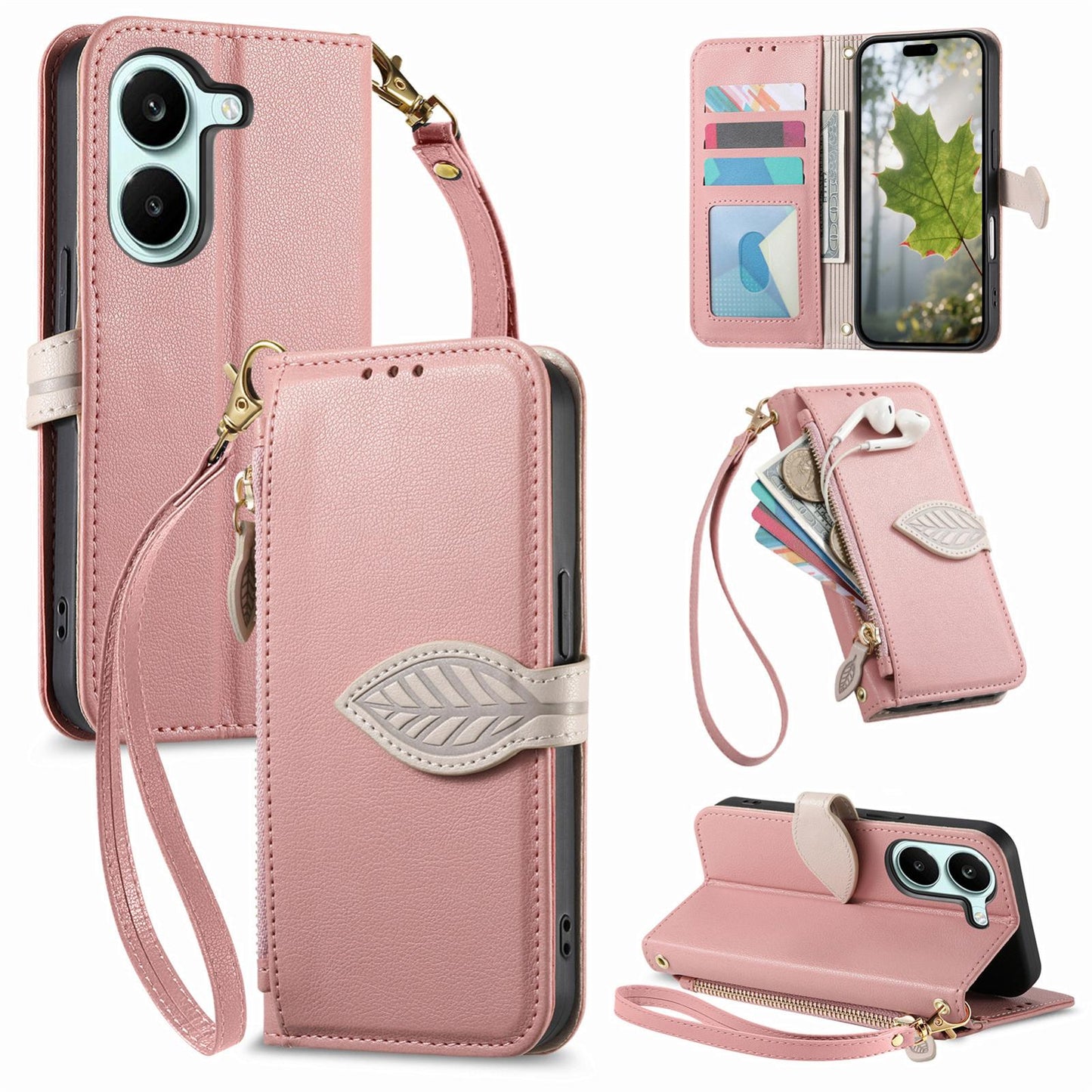 For Honor Play 80 Plus 5G Leaf Buckle Zipper Wallet Leather Phone Case with Strap(Pink)