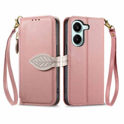 For Honor Play 80 Plus 5G Leaf Buckle Zipper Wallet Leather Phone Case with Strap(Pink)