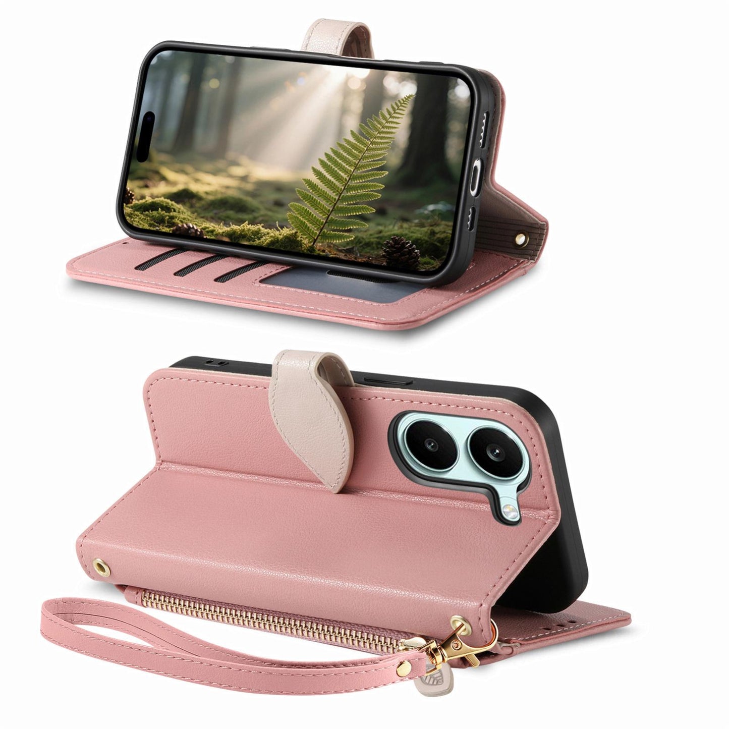 For Honor Play 80 Plus 5G Leaf Buckle Zipper Wallet Leather Phone Case with Strap(Pink)
